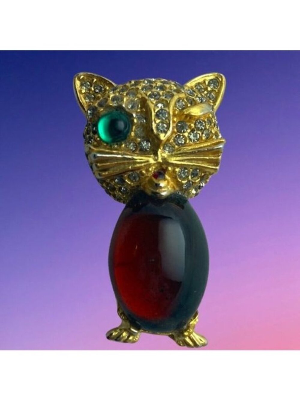 Winking Cat Brooch Red Jelly Belly Rhinestone Face Gold Tone Signed Pin Vintage